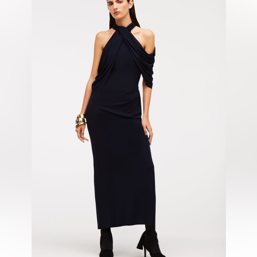 ZARA LIMITED EDITION NAVY HALTER LONG VISCOSE DRESS SIZE SMALL NWT